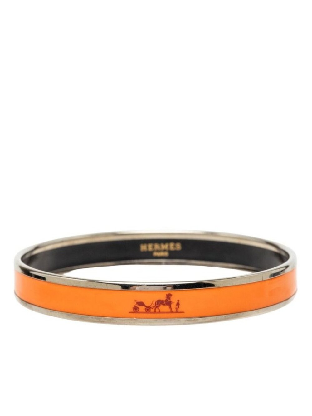 Hermes Enamel PM Caleche Bangle Silver Orange Metal Bracelet